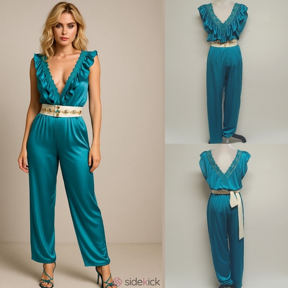 Vintage Pants - 70s Vintage Lady Cameo Dallas Turquoise Lace Plunging Neckline Belted Jumpsuit M